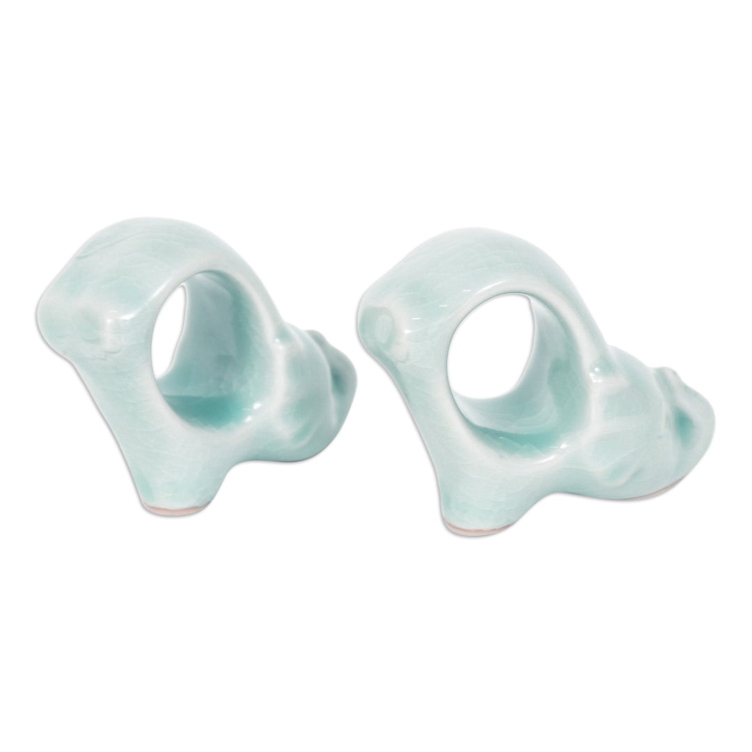 Elephant-Themed Blue Celadon Ceramic Napkin Rings (Pair) - Grand Blue Elegance