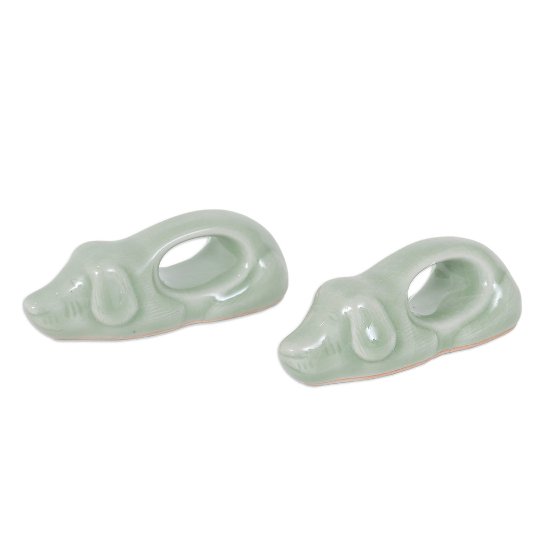 Dog-Themed Green Celadon Ceramic Napkin Rings (Pair) - Perennial Grandeur