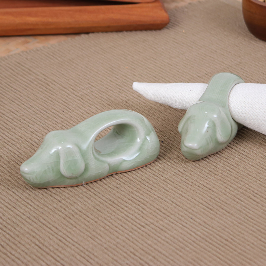 Dog-Themed Green Celadon Ceramic Napkin Rings (Pair) - Perennial Grandeur