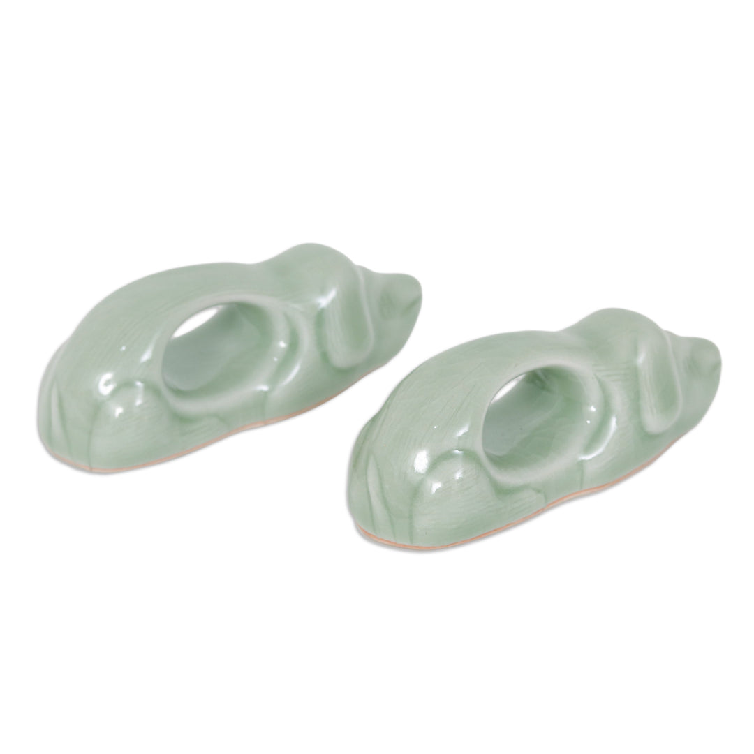 Dog-Themed Green Celadon Ceramic Napkin Rings (Pair) - Perennial Grandeur