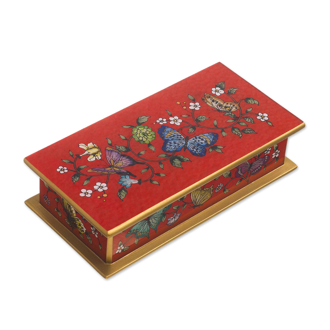 Red Butterfly-Themed Reverse-Painted Glass Box - Butterflies on Scarlet