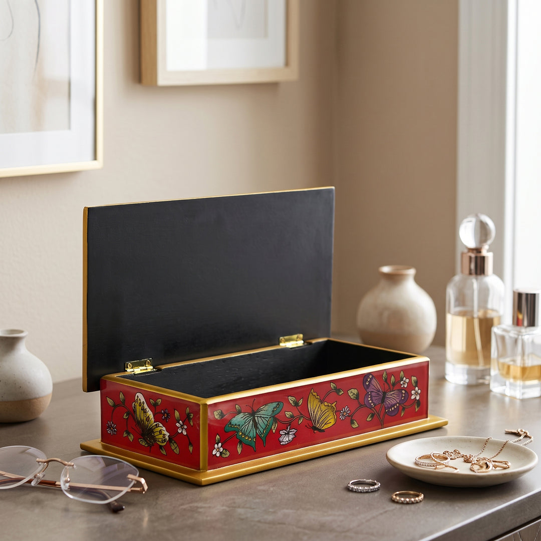 Red Butterfly-Themed Reverse-Painted Glass Box - Butterflies on Scarlet
