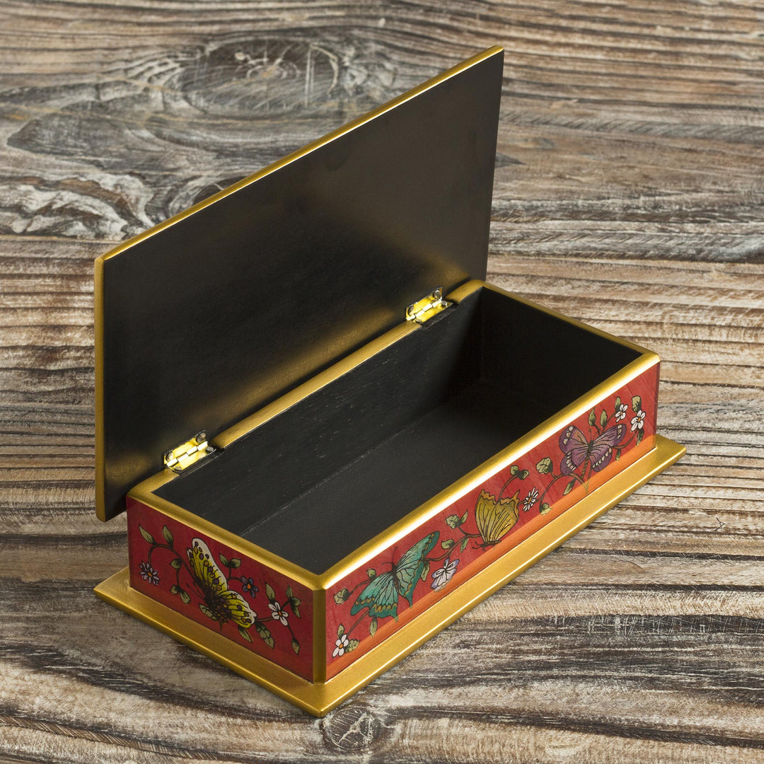Red Butterfly-Themed Reverse-Painted Glass Box - Butterflies on Scarlet