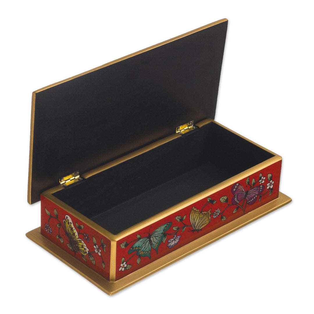 Red Butterfly-Themed Reverse-Painted Glass Box - Butterflies on Scarlet