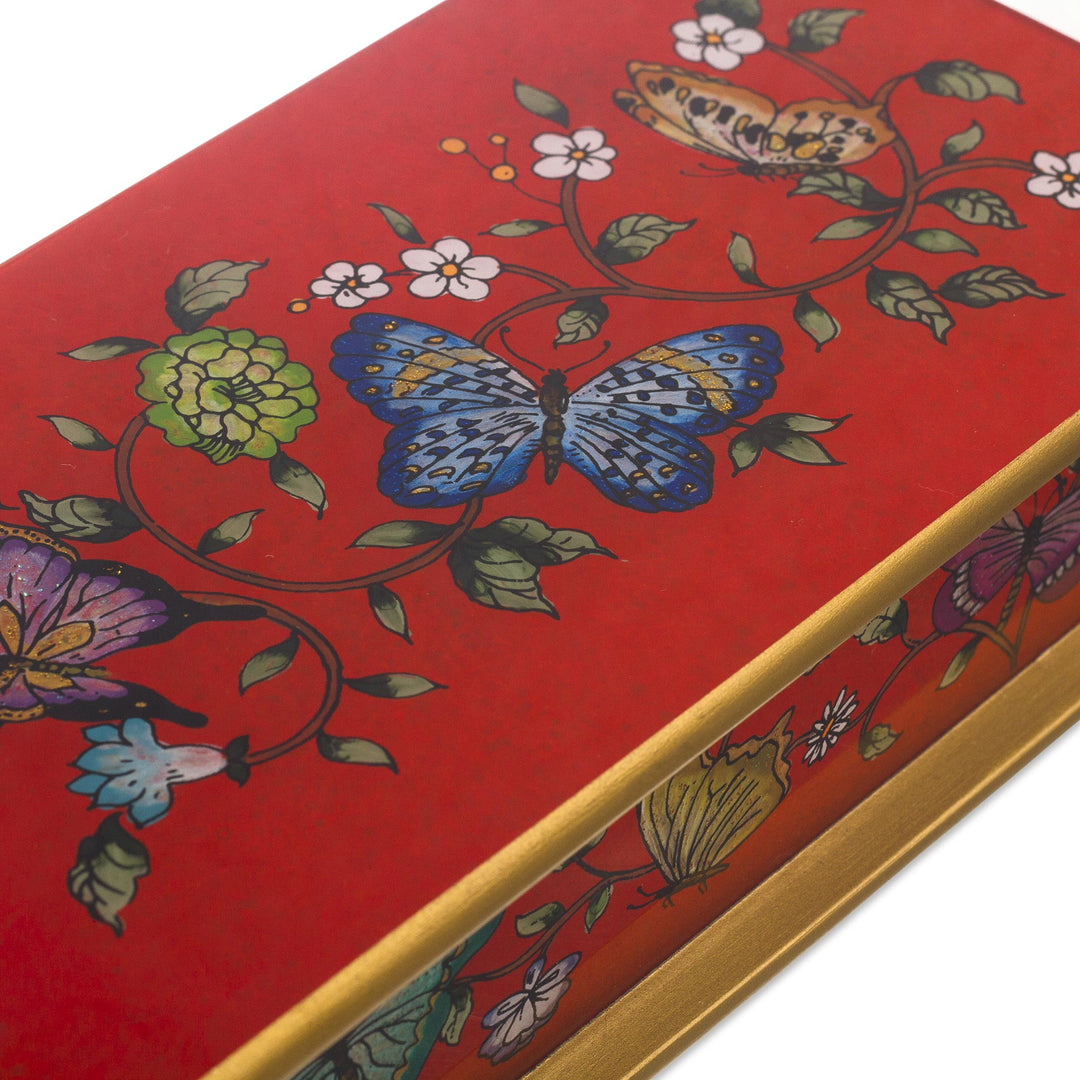 Red Butterfly-Themed Reverse-Painted Glass Box - Butterflies on Scarlet
