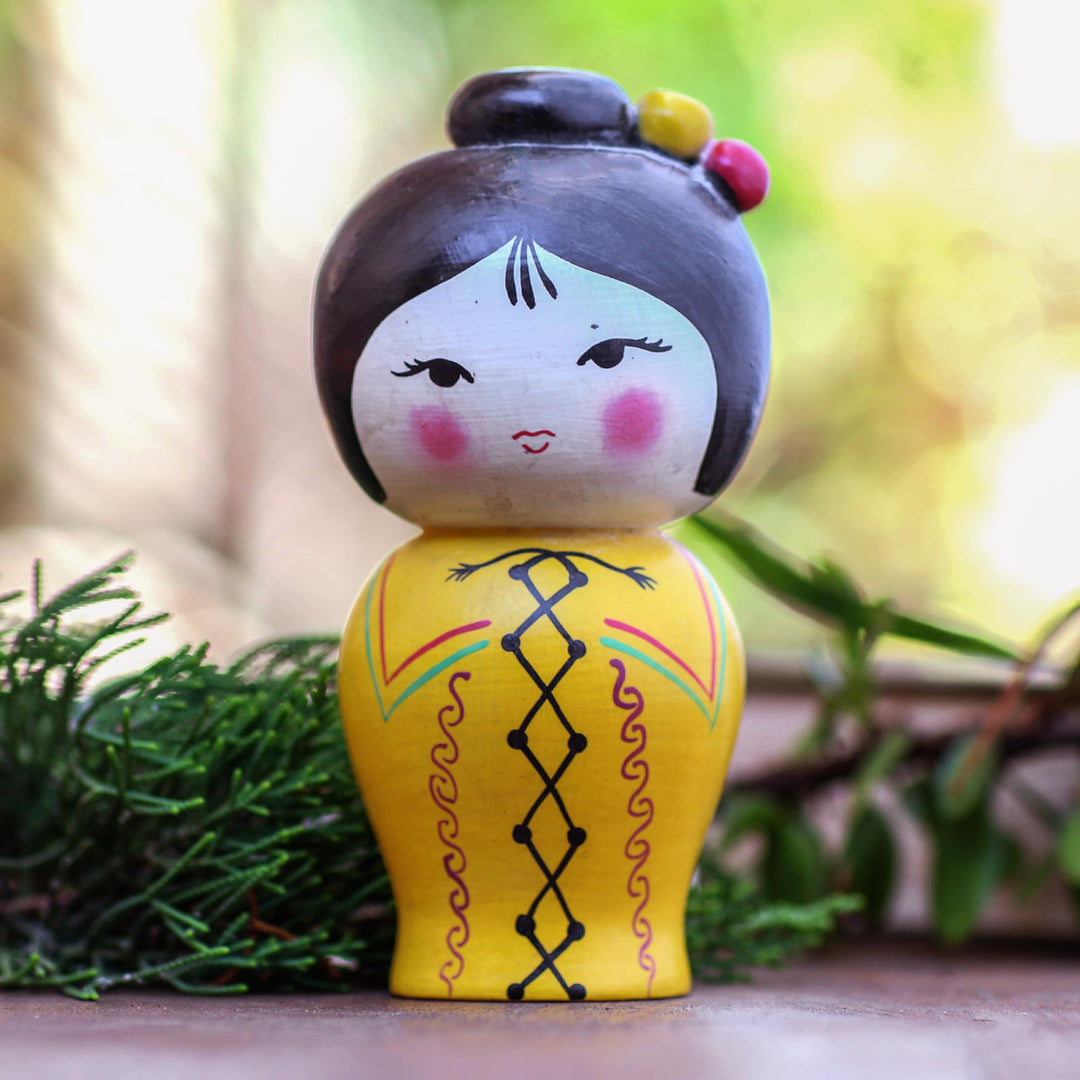 Small Albesia Wood Statuette in Yellow - Shy Lady in Yellow