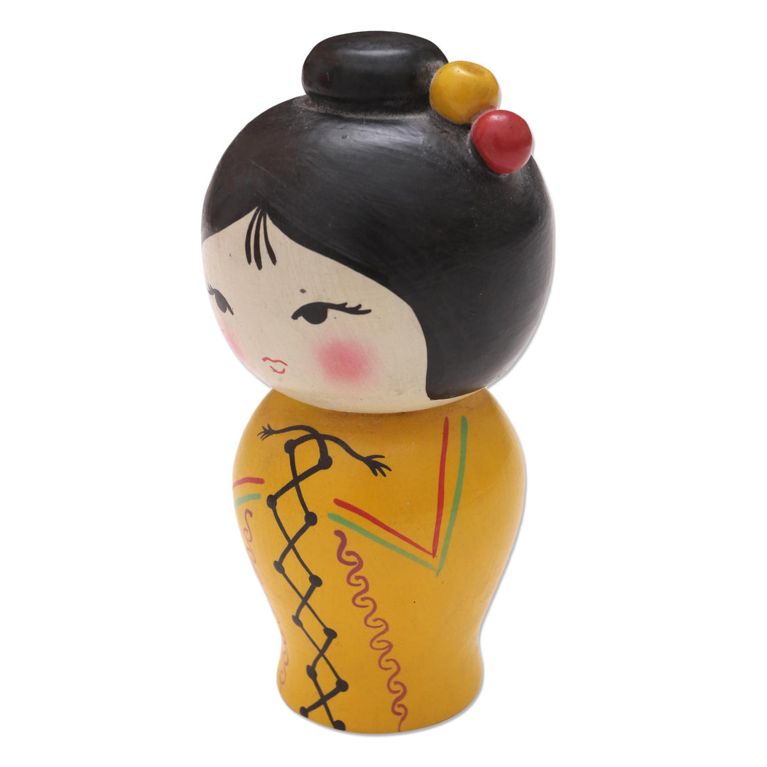 Small Albesia Wood Statuette in Yellow - Shy Lady in Yellow