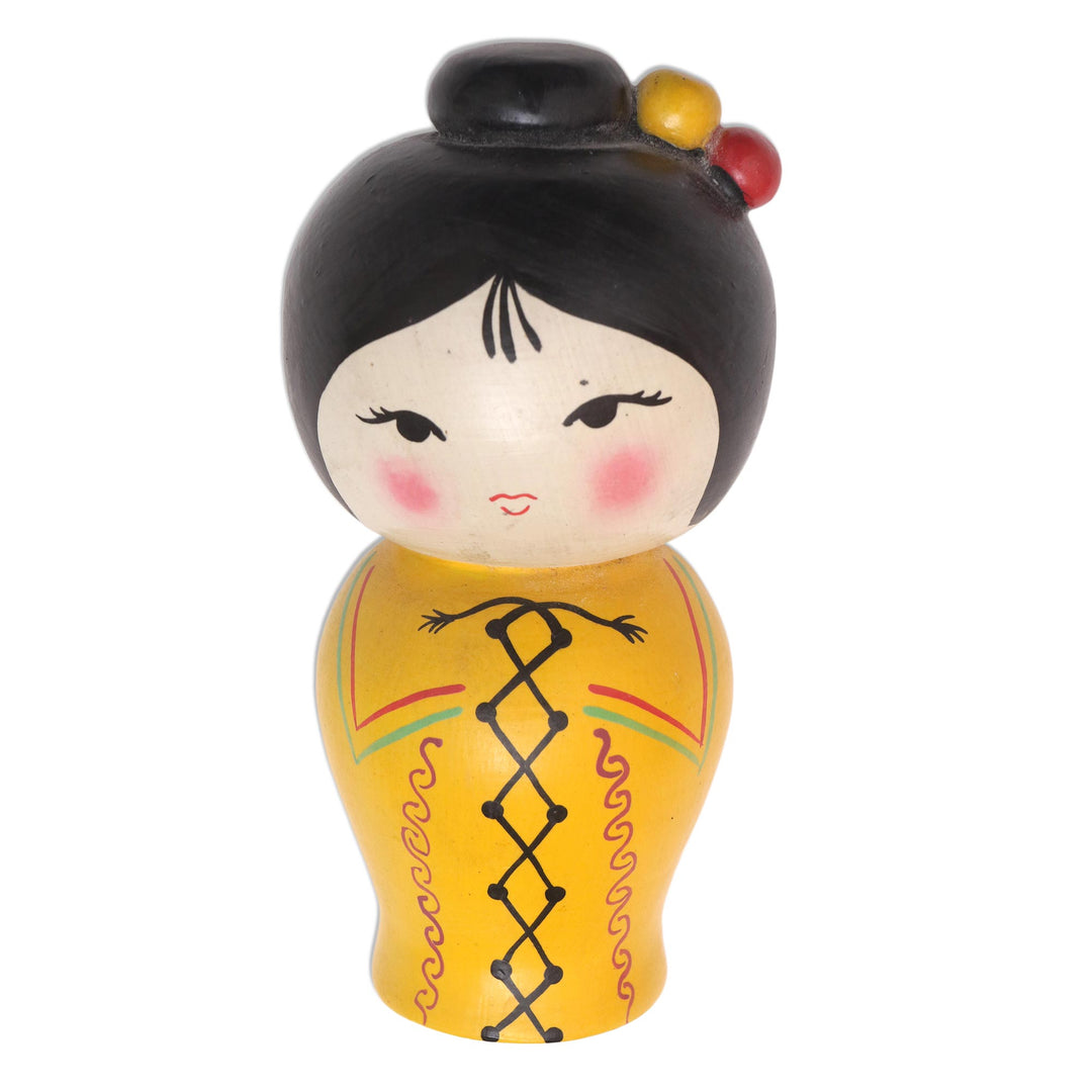 Small Albesia Wood Statuette in Yellow - Shy Lady in Yellow