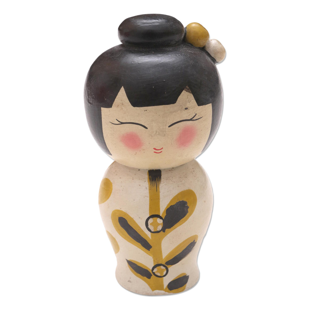 Small Albesia Wood Statuette in White - Shy Lady in White