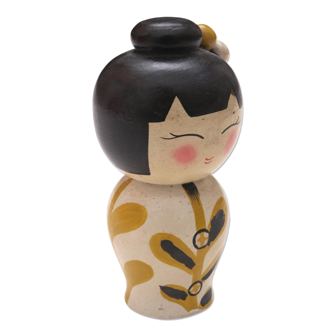 Small Albesia Wood Statuette in White - Shy Lady in White