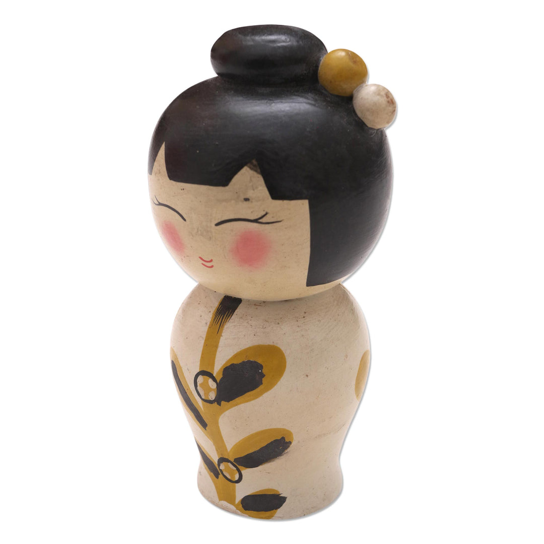 Small Albesia Wood Statuette in White - Shy Lady in White