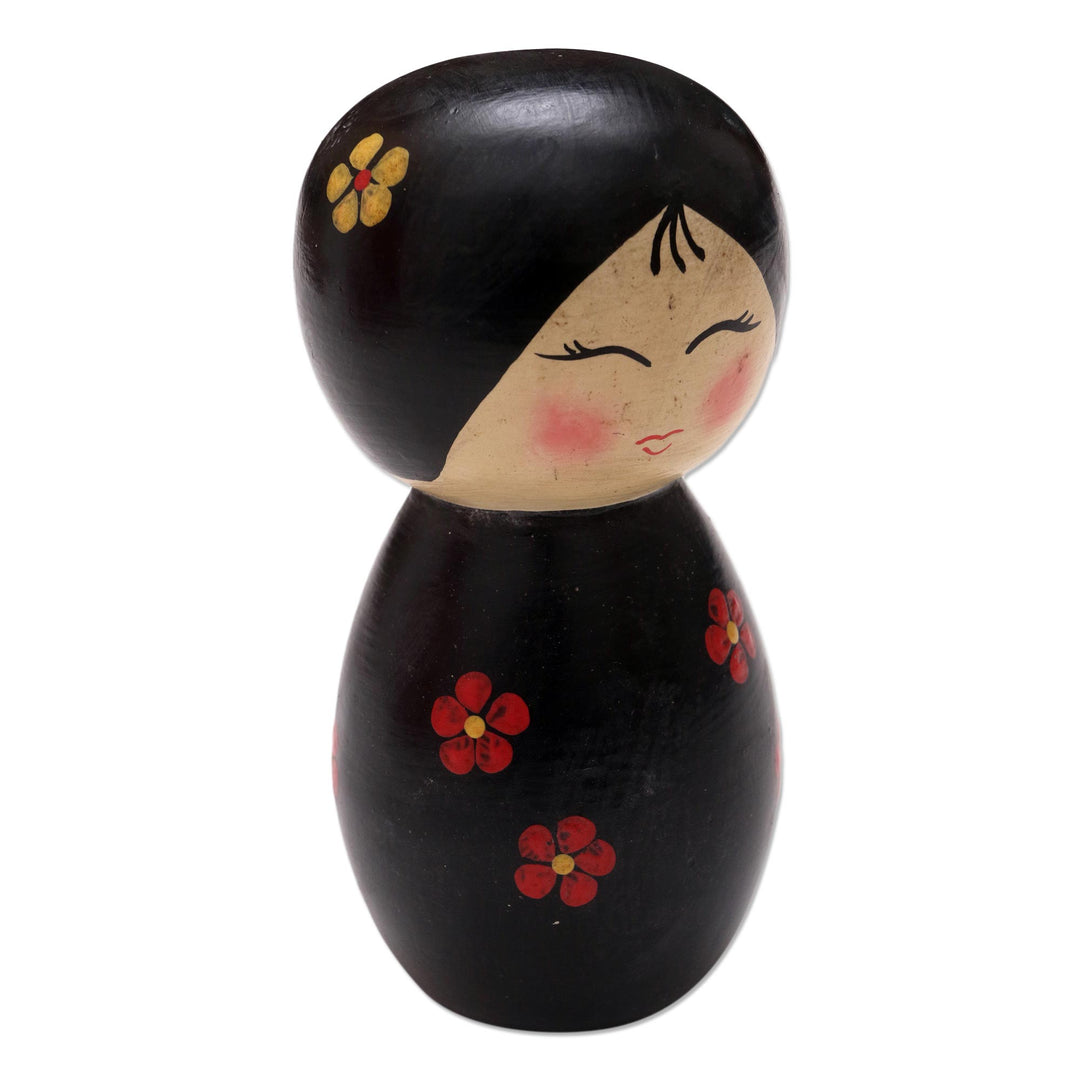 Small Albesia Wood Statuette in Black - Shy Lady in Black