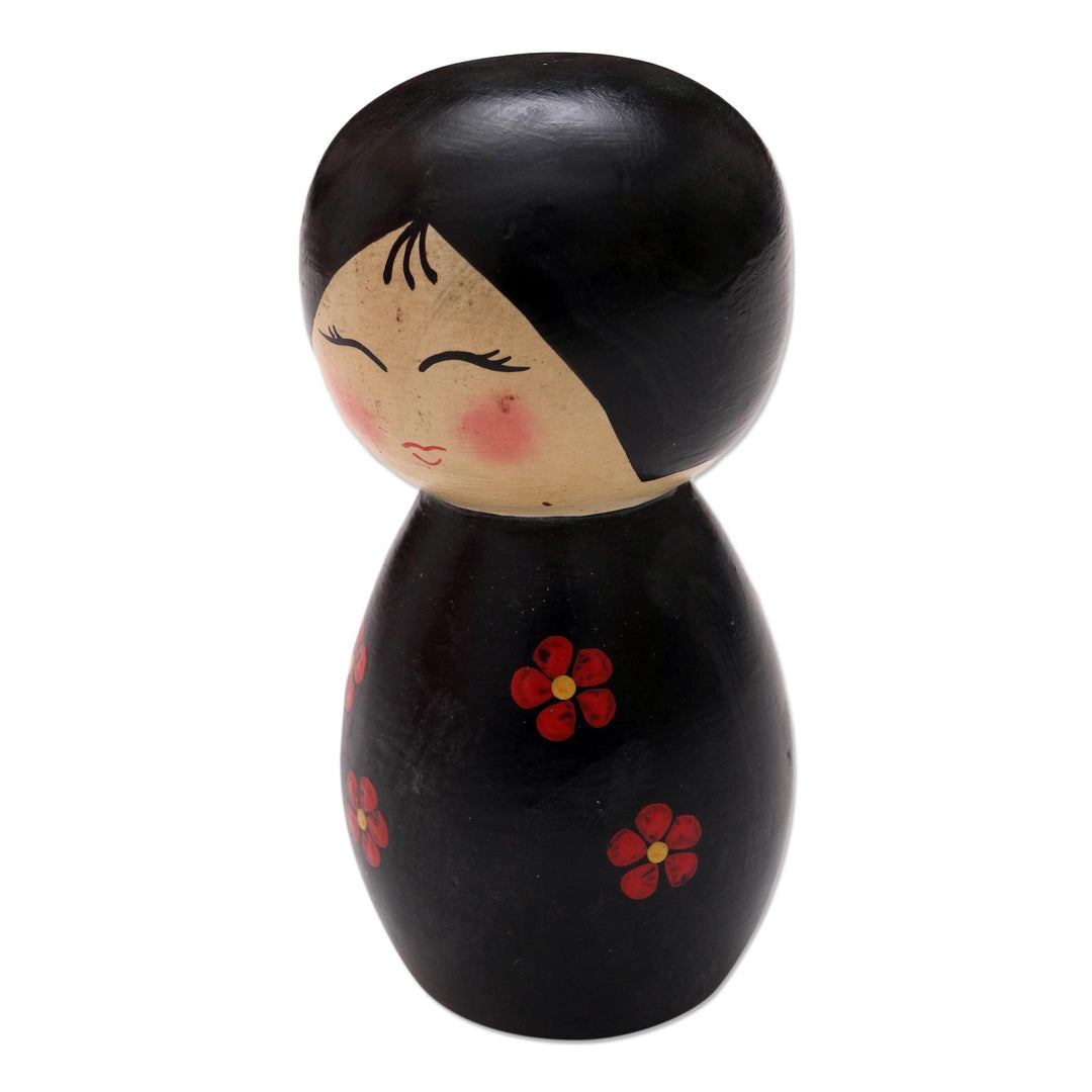 Small Albesia Wood Statuette in Black - Shy Lady in Black