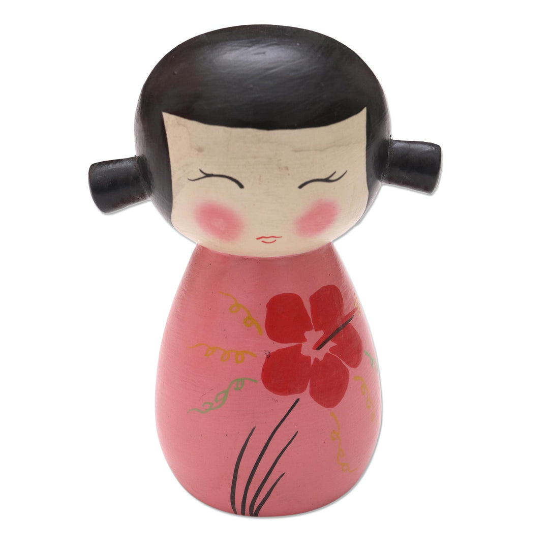 Small Albesia Wood Statuette in Pink - Shy Lady in Pink
