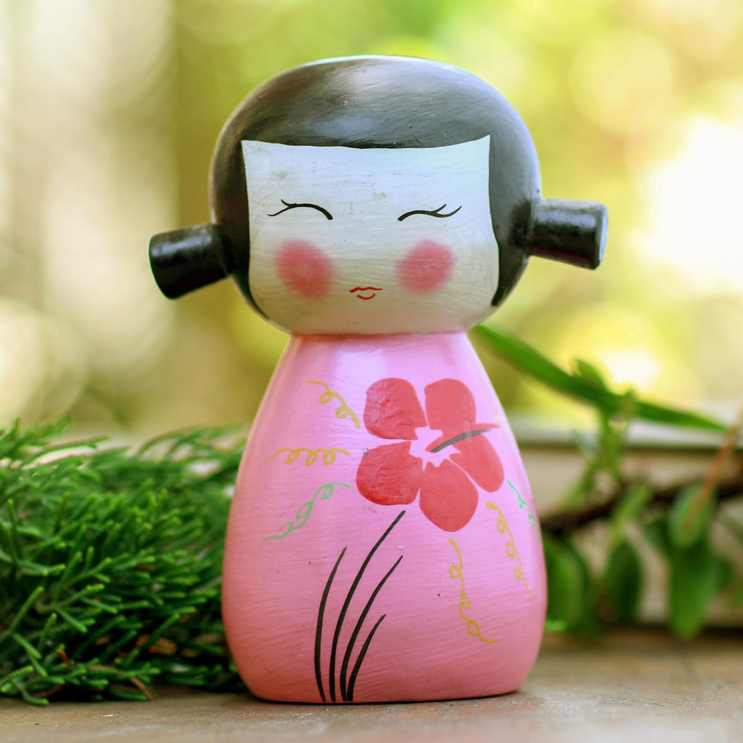 Small Albesia Wood Statuette in Pink - Shy Lady in Pink