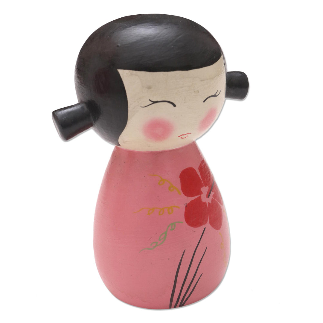 Small Albesia Wood Statuette in Pink - Shy Lady in Pink