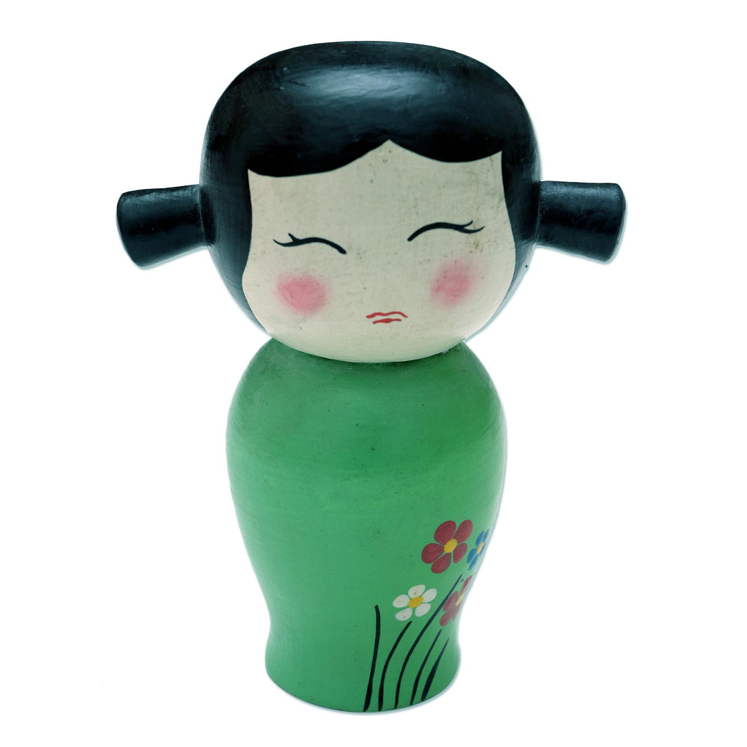Small Albesia Wood Statuette in Green - Shy Lady in Green