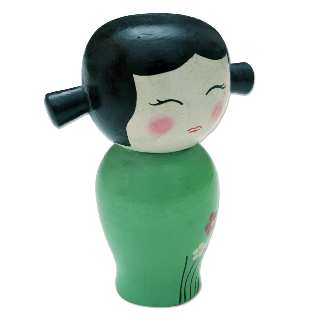 Small Albesia Wood Statuette in Green - Shy Lady in Green