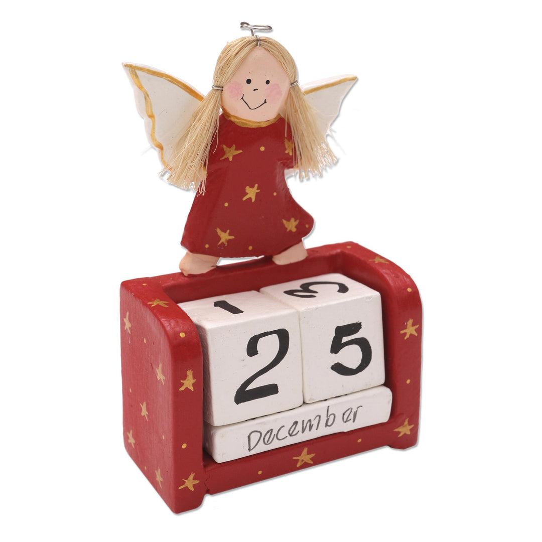Angel Motif Wood Perpetual Calendar - Angel Time in Red
