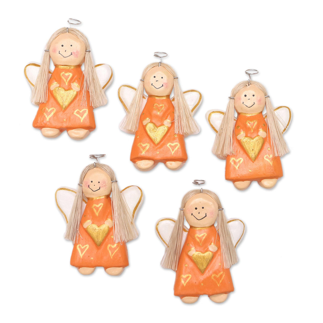 Handmade Wooden Orange Angel Magnets (Set of 5) - Angel Assembly in Orange