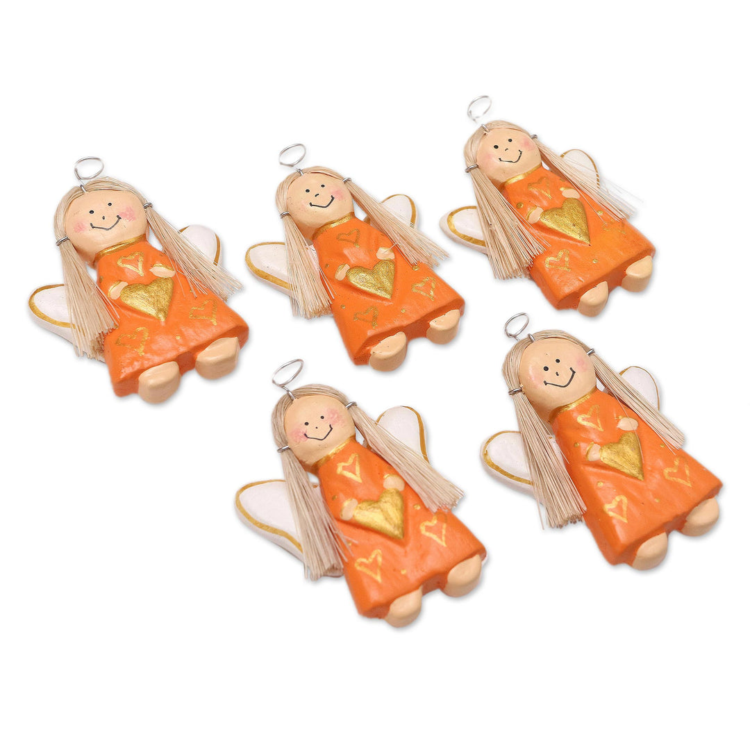 Handmade Wooden Orange Angel Magnets (Set of 5) - Angel Assembly in Orange