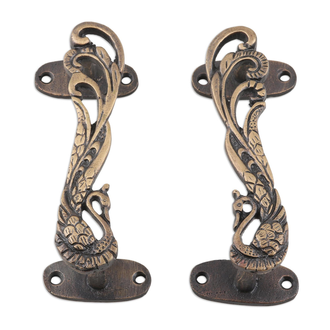 Brass Peacock Door Handle Pair - Royal Peacocks