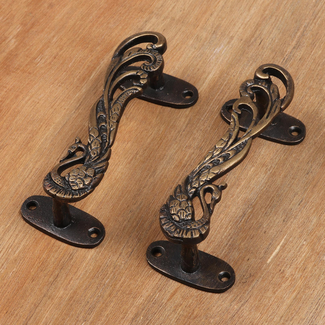 Brass Peacock Door Handle Pair - Royal Peacocks