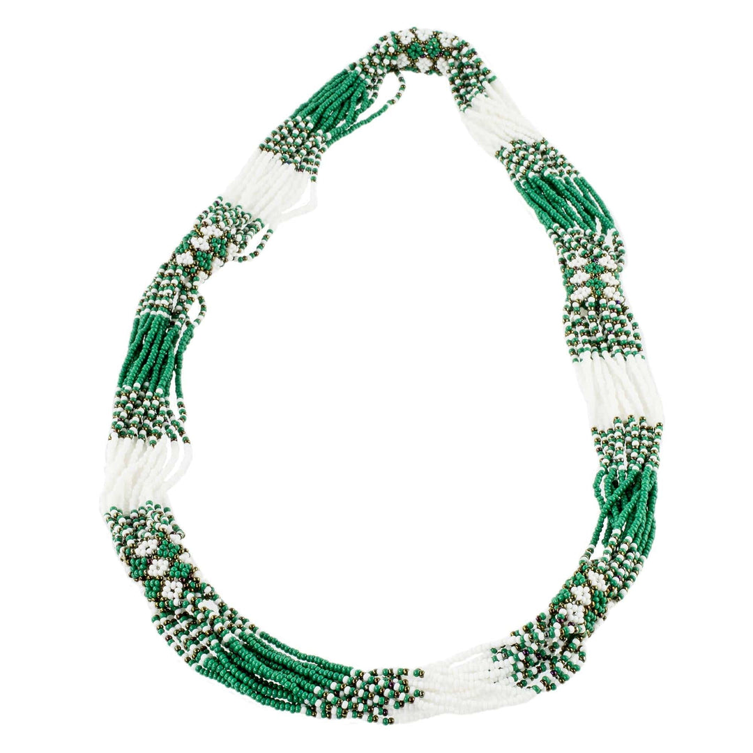 Hand Beaded Long Torsade Necklace in Green - Kelly Green and White Harmony
