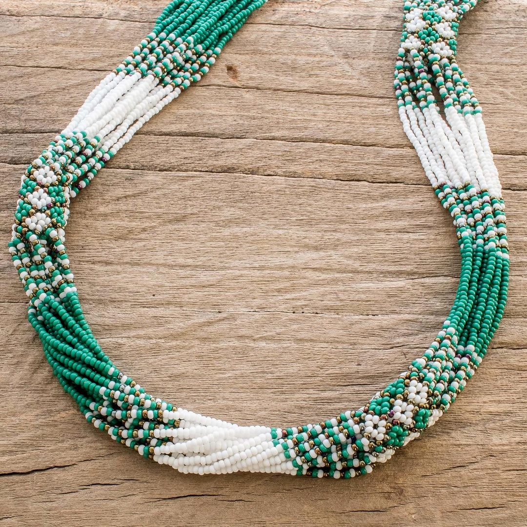 Hand Beaded Long Torsade Necklace in Green - Kelly Green and White Harmony