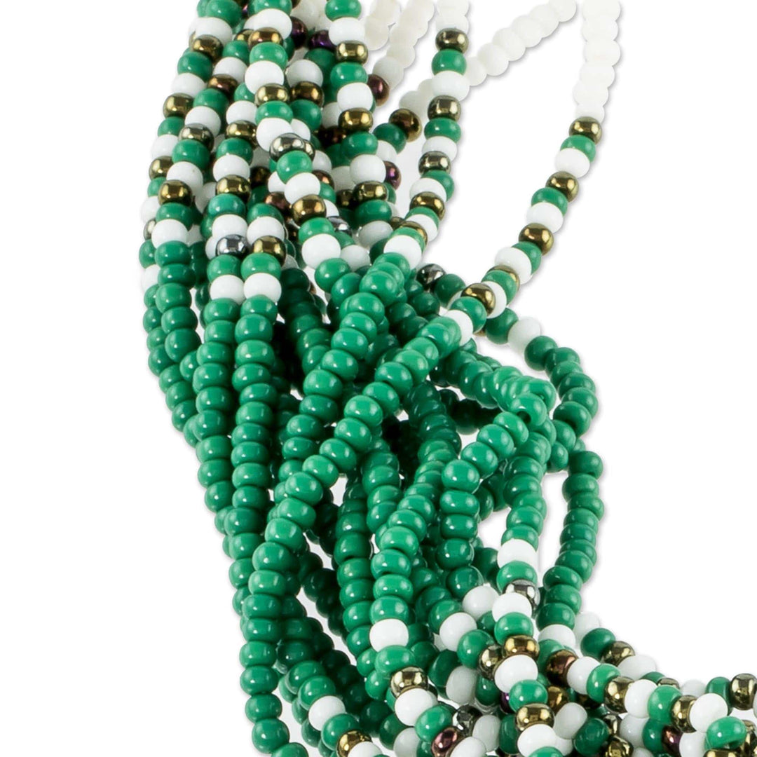 Hand Beaded Long Torsade Necklace in Green - Kelly Green and White Harmony