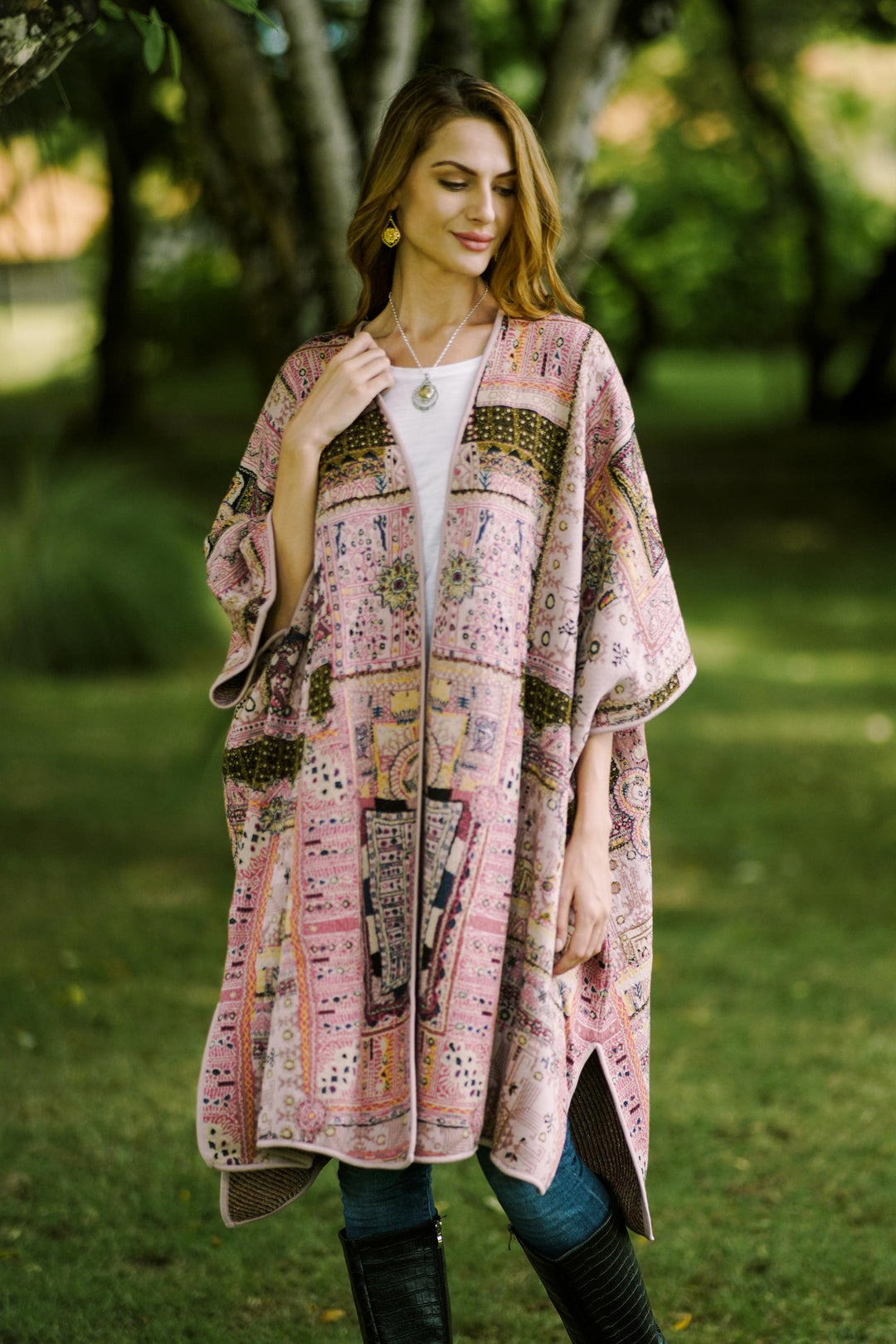 Jacquard Geometric Viscose Blend Ruana from India - Pink Flowers