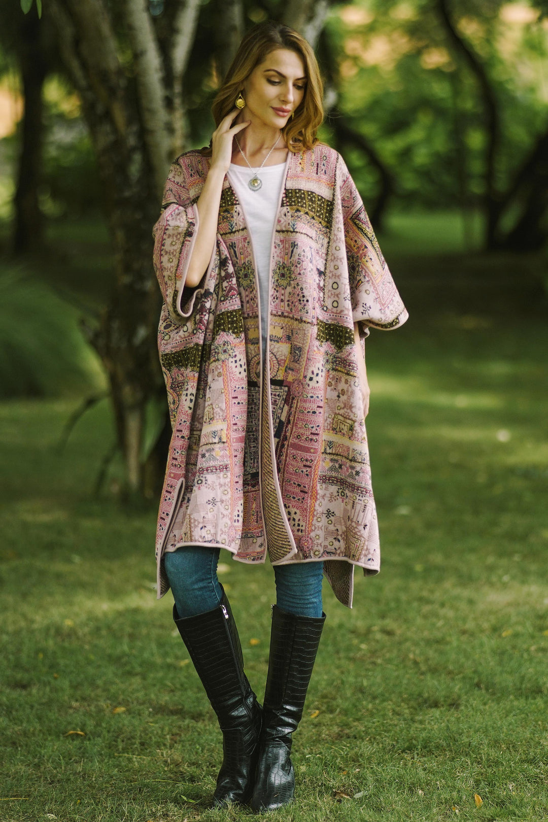 Jacquard Geometric Viscose Blend Ruana from India - Pink Flowers