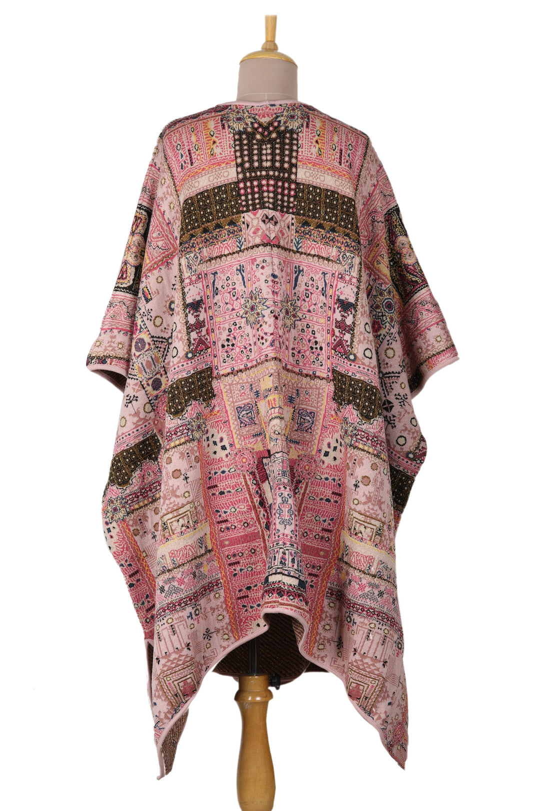 Jacquard Geometric Viscose Blend Ruana from India - Pink Flowers