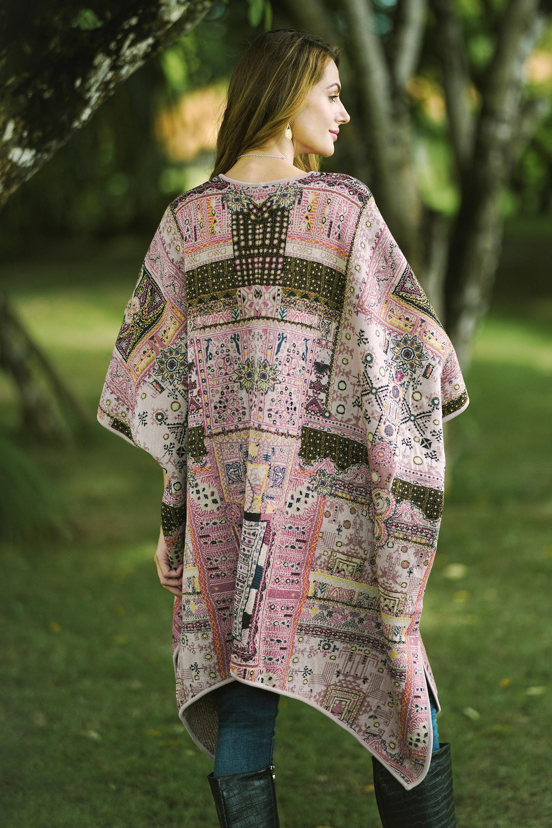 Jacquard Geometric Viscose Blend Ruana from India - Pink Flowers