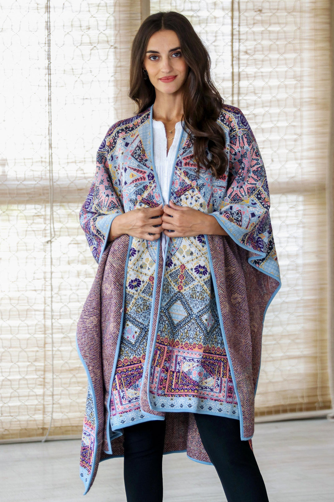 Knit Multicolor Viscose Blend Ruana from India - Effortless Style