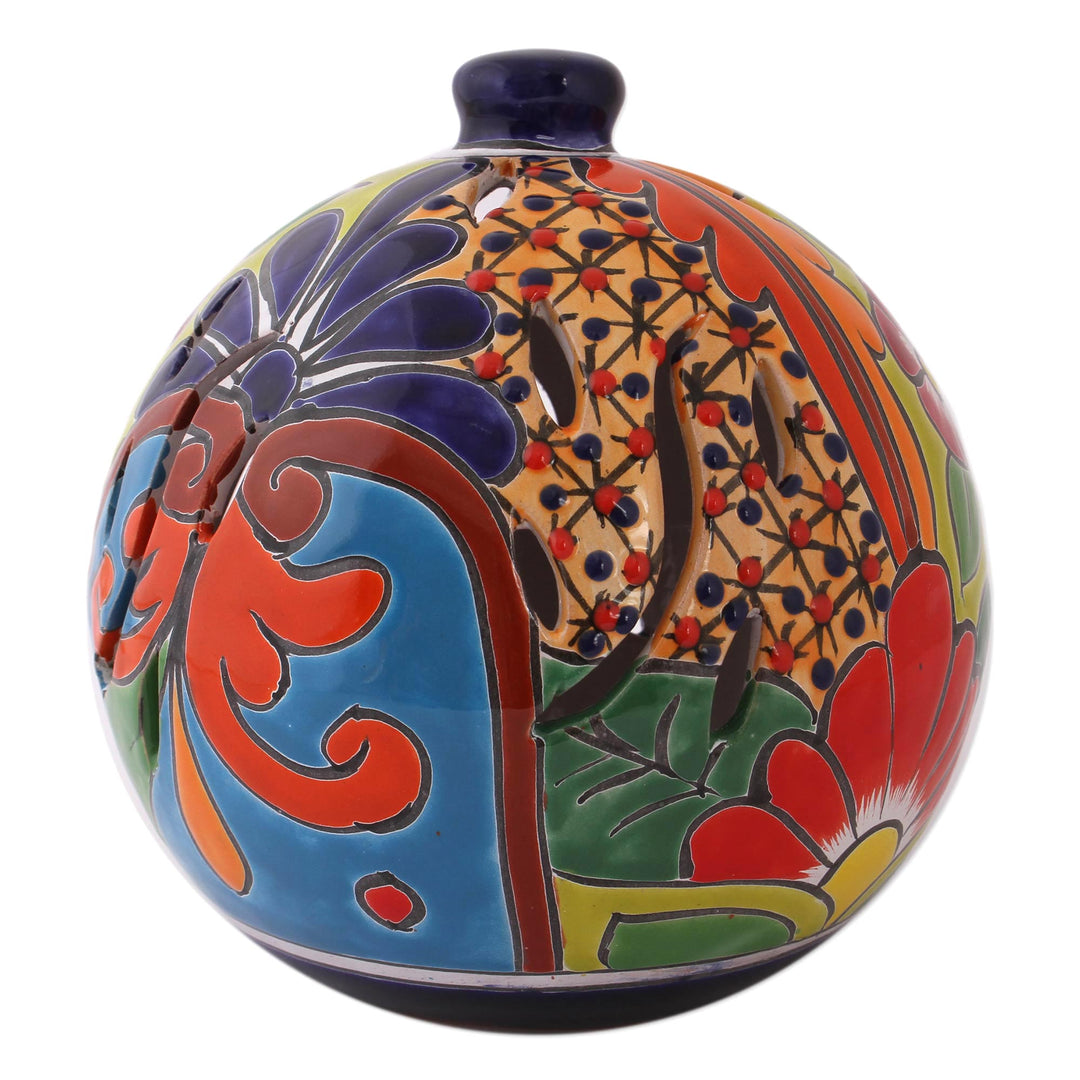 Round Talavera-Style Ceramic Lantern from Mexico - Round Talavera
