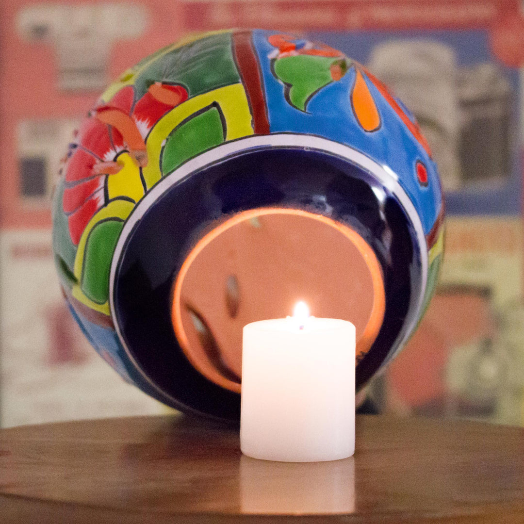 Round Talavera-Style Ceramic Lantern from Mexico - Round Talavera
