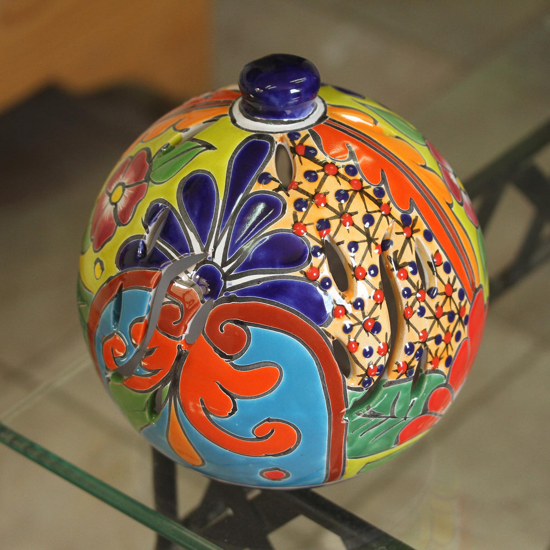 Round Talavera-Style Ceramic Lantern from Mexico - Round Talavera