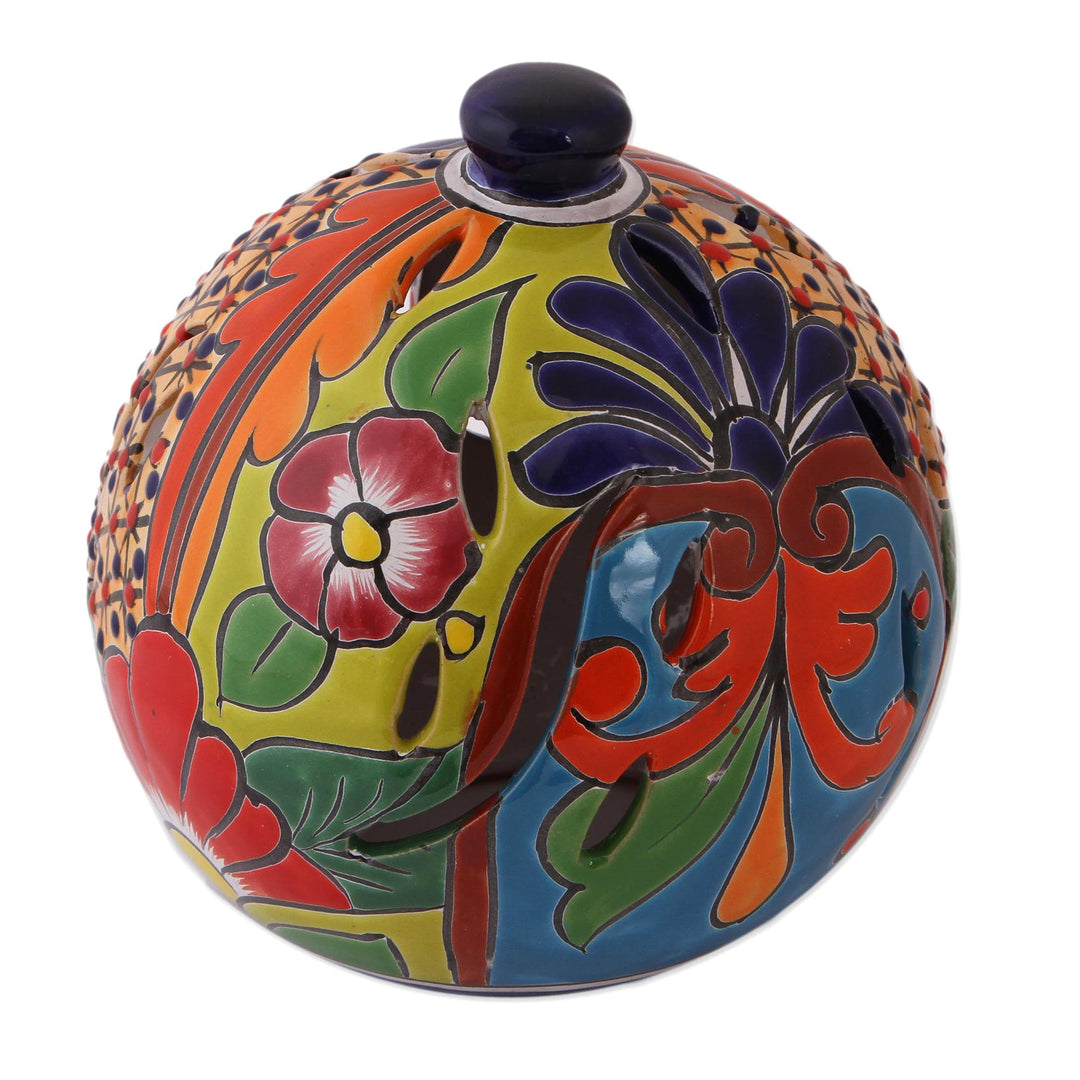 Round Talavera-Style Ceramic Lantern from Mexico - Round Talavera