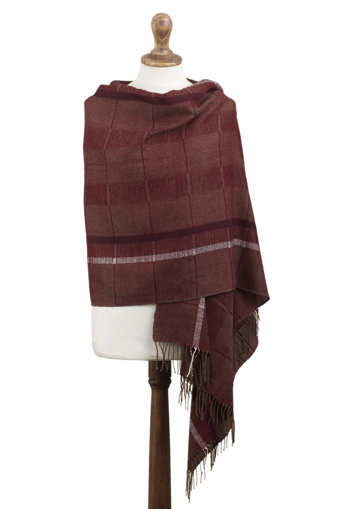 Handwoven Patterned Burgundy and Brown Baby Alpaca Shawl - Burgundy Windowpanes