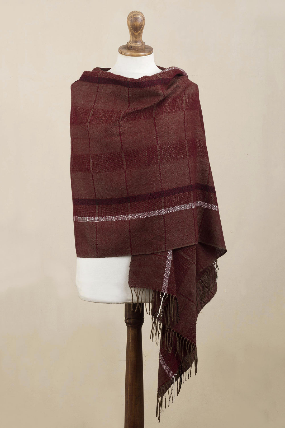 Handwoven Patterned Burgundy and Brown Baby Alpaca Shawl - Burgundy Windowpanes