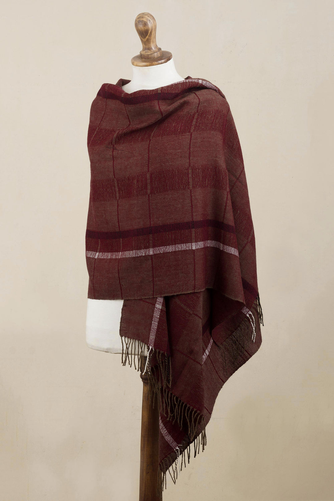 Handwoven Patterned Burgundy and Brown Baby Alpaca Shawl - Burgundy Windowpanes