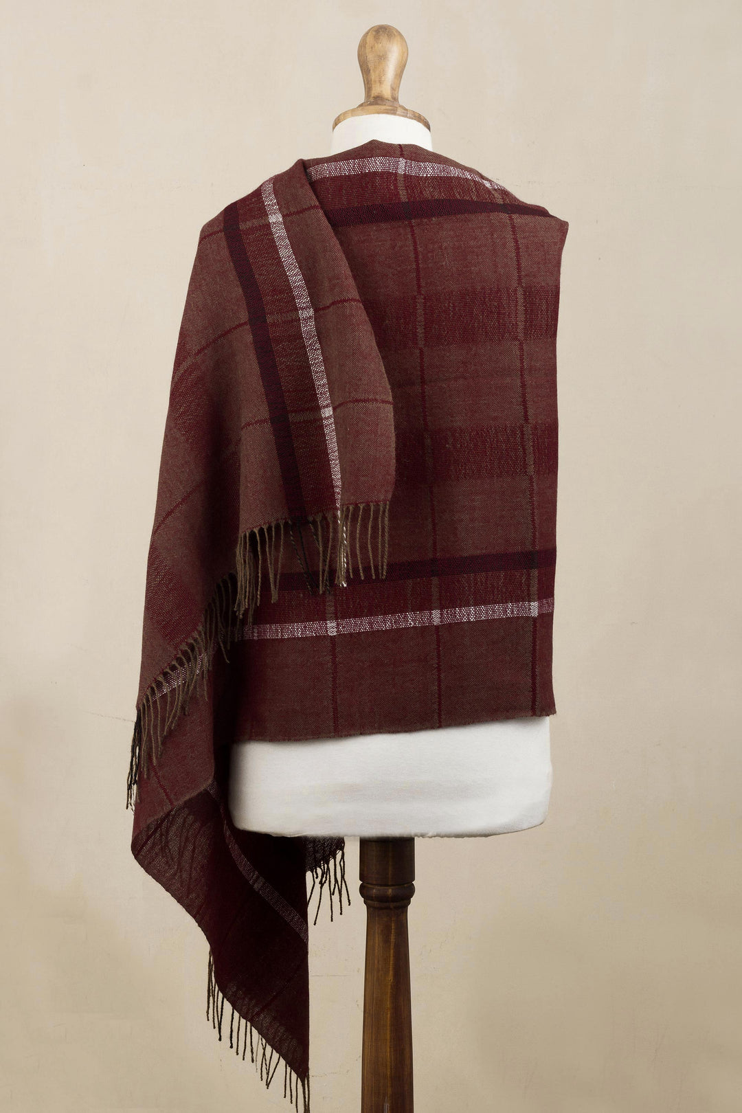 Handwoven Patterned Burgundy and Brown Baby Alpaca Shawl - Burgundy Windowpanes