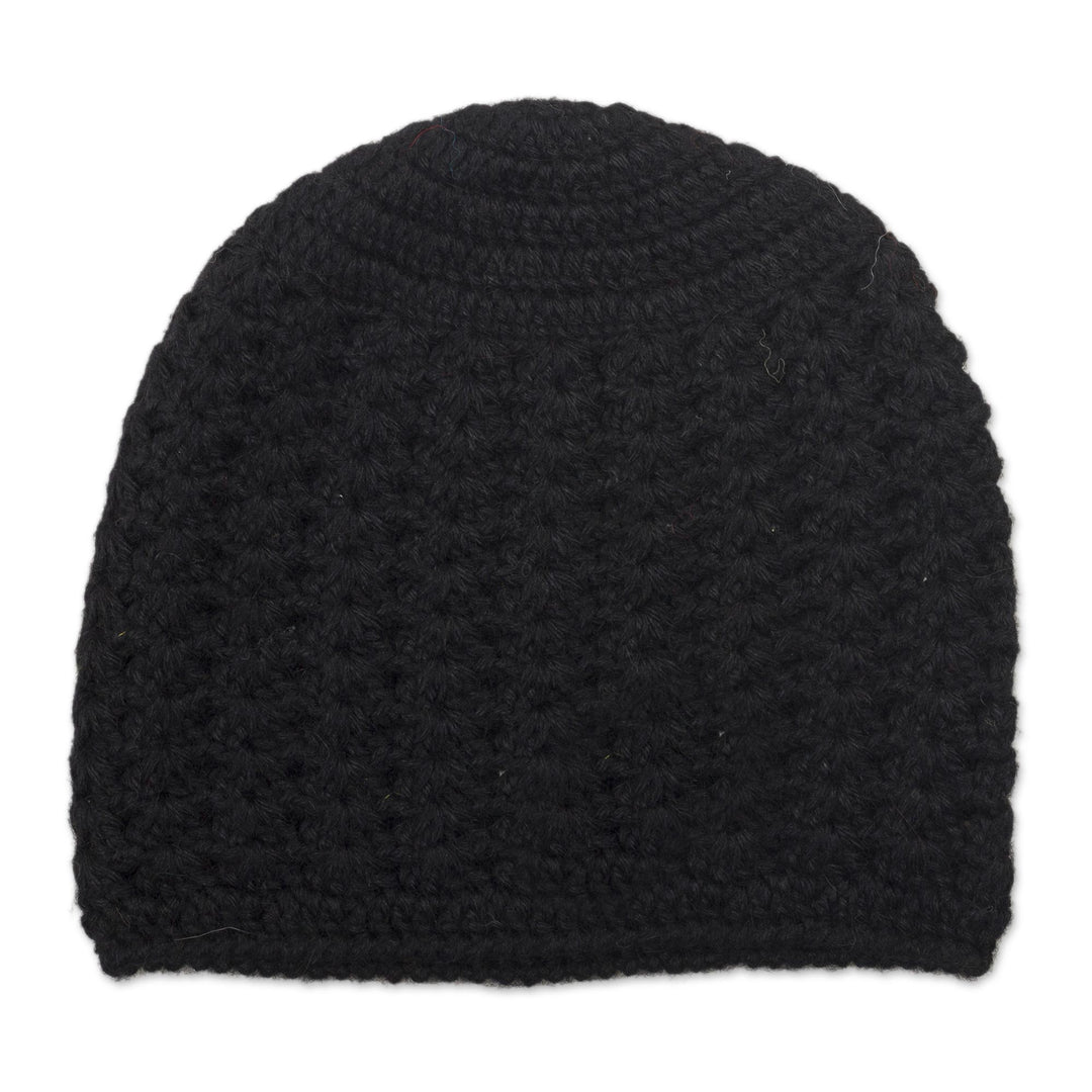 Hand-Crocheted Black Alpaca Cozy Winter Hat - Black Stars Align