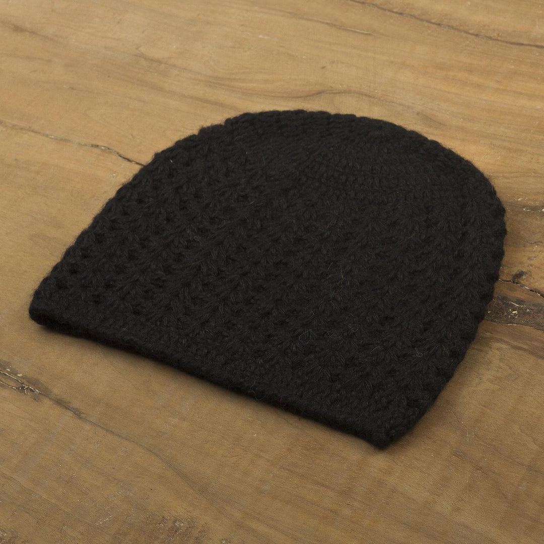 Hand-Crocheted Black Alpaca Cozy Winter Hat - Black Stars Align