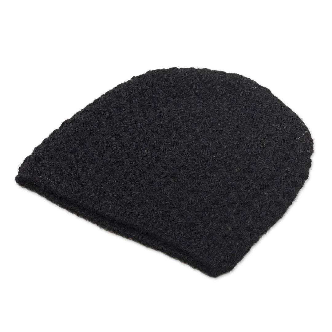 Hand-Crocheted Black Alpaca Cozy Winter Hat - Black Stars Align