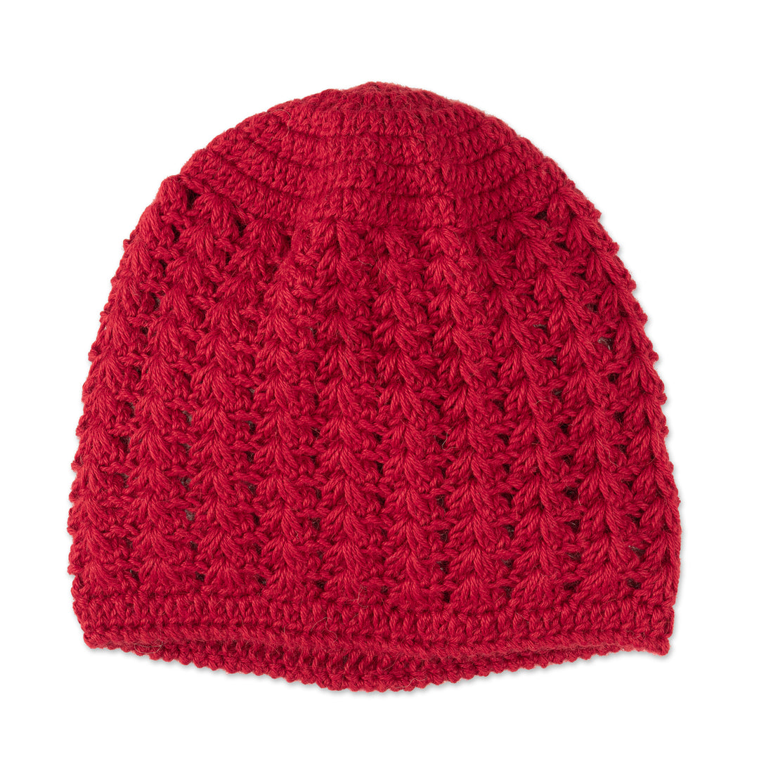 Hand-Crocheted Crimson Alpaca Cozy Winter Hat - Crimson Stars Align