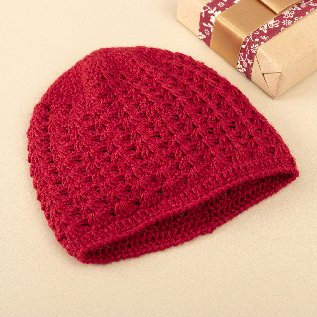 Hand-Crocheted Crimson Alpaca Cozy Winter Hat - Crimson Stars Align