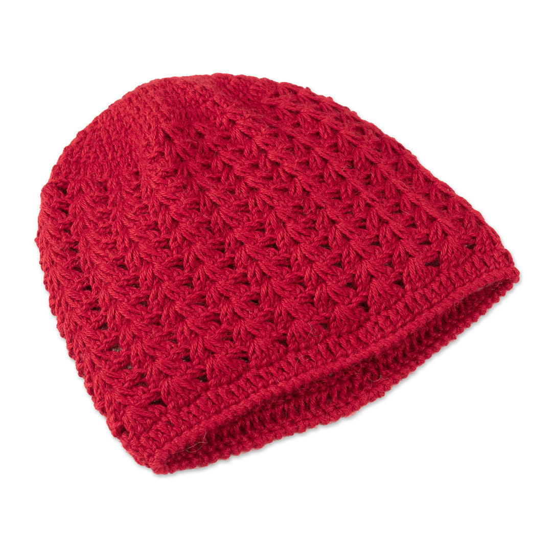 Hand-Crocheted Crimson Alpaca Cozy Winter Hat - Crimson Stars Align