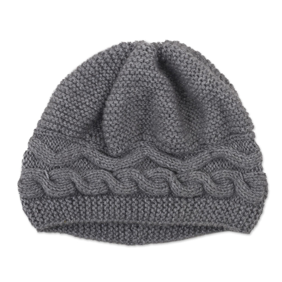 Hand-Knit Grey Alpaca Blend Cozy Winter Hat - Gentle Grey Waves